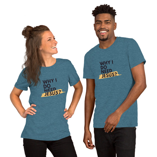 Heather Deep Teal Front View with couple of Why I Need Jesus T-Shirt