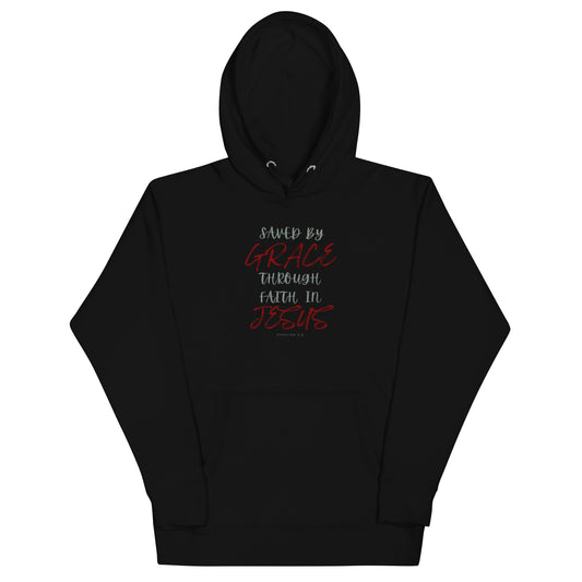 Saved By Grace Through Faith in Jesus Unisex Premium Hoodie Black Front