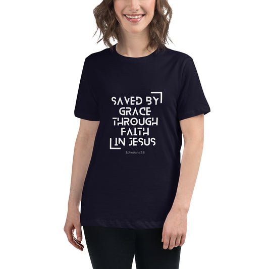 womens relaxed t-shirt navy front saved by grace through faith in Jesus